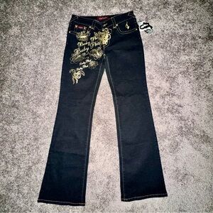 NWT Baby Phat Jeans Women's 11 Stretch Denim Boot Cut Gold Embroidered Brand New